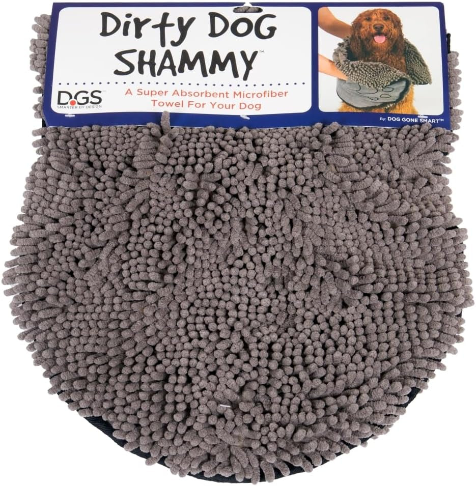the Dirty Dog Shammy - Fast Drying Plush Shammy Towel with Dual Hand Pockets and Elastic - Super Absorbent Microfiber and Machine Washable - Grey